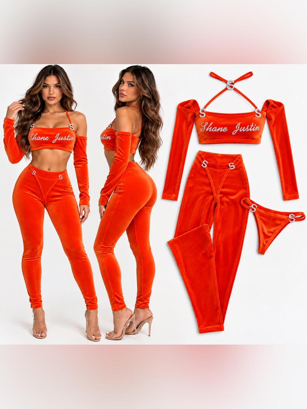 Shane Justin Orange Velvet Rhinestone 3-Piece Pants Set Size XS